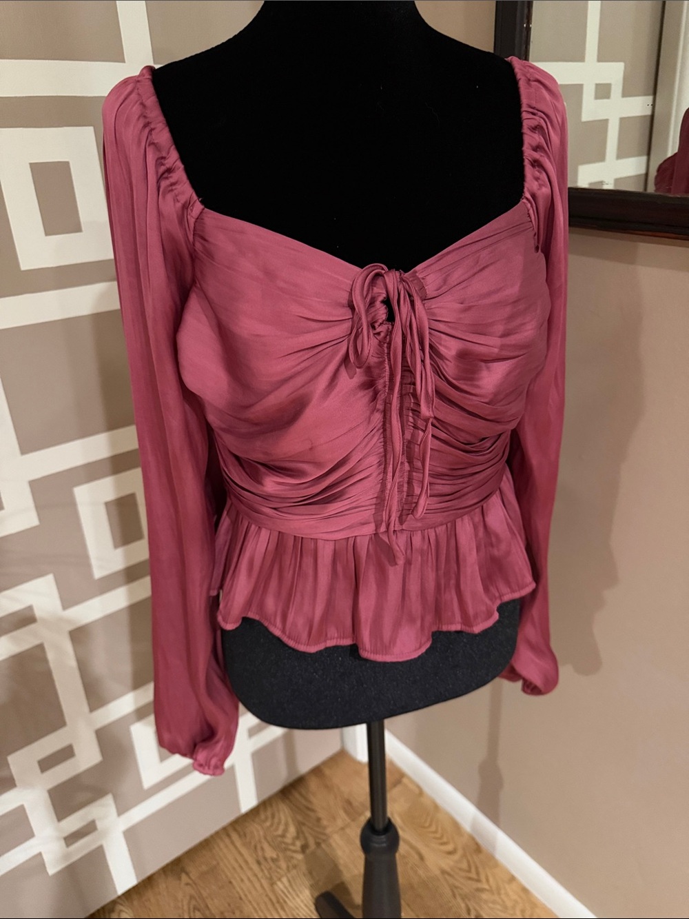 Lulu's Rose-Pink Ruched Tie-Front Long Sleeve Peplum Blouse